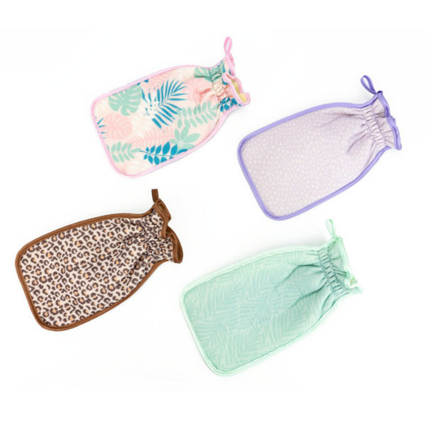 exfoliating mitt from Lemon Lavender. Comes in pink, purple, teal, and animal print designs