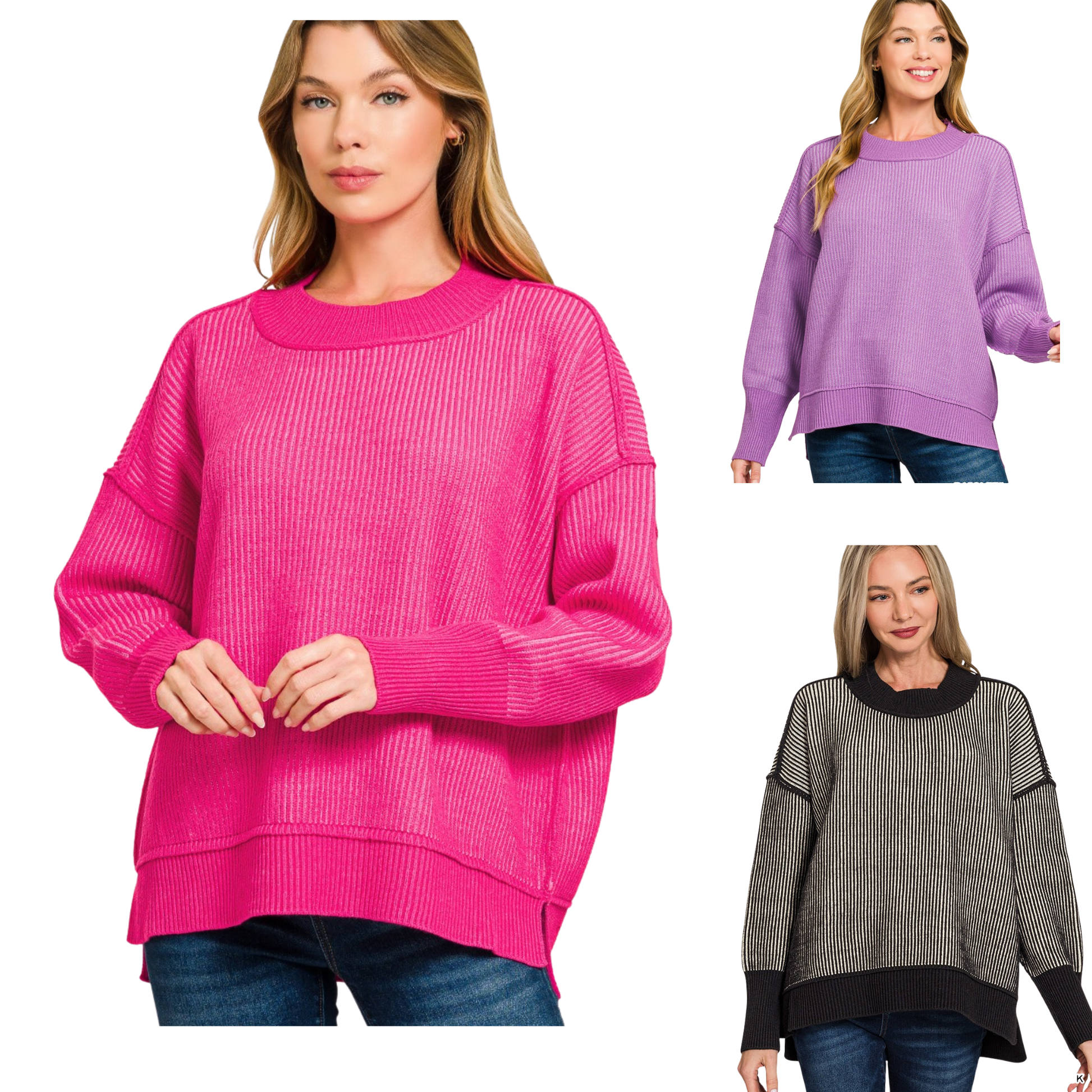 Zenana's long sleeve sweater features bold exposed seams that add contemporary edge to a versatile layering piece. Available in classic black, vibrant hot pink, or rich purple, this design works seamlessly with your everyday wardrobe. The structured seam detailing elevates the silhouette while maintaining comfort for all-day wear.