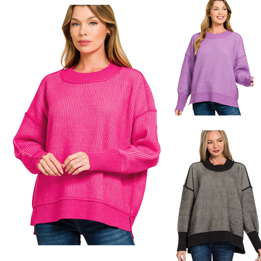 Zenana's long sleeve sweater features bold exposed seams that add contemporary edge to a versatile layering piece. Available in classic black, vibrant hot pink, or rich purple, this design works seamlessly with your everyday wardrobe. The structured seam detailing elevates the silhouette while maintaining comfort for all-day wear.