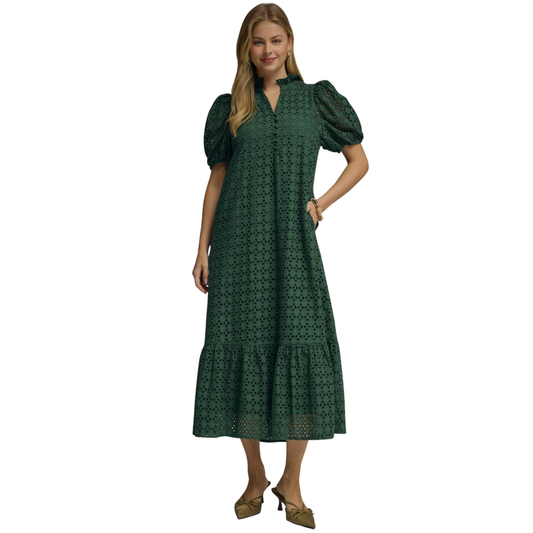 Elevate your wardrobe with this stunning Eyelet Puff Sleeve Midi Dress by Entro. Crafted in rich hunter green, this piece features charming short puff sleeves that add feminine flair and a flattering V-neckline. The eyelet detailing brings texture and visual interest, while the midi length offers versatile styling for any occasion. Perfect for brunch, date night, or casual gatherings, this dress combines comfort with effortless elegance.