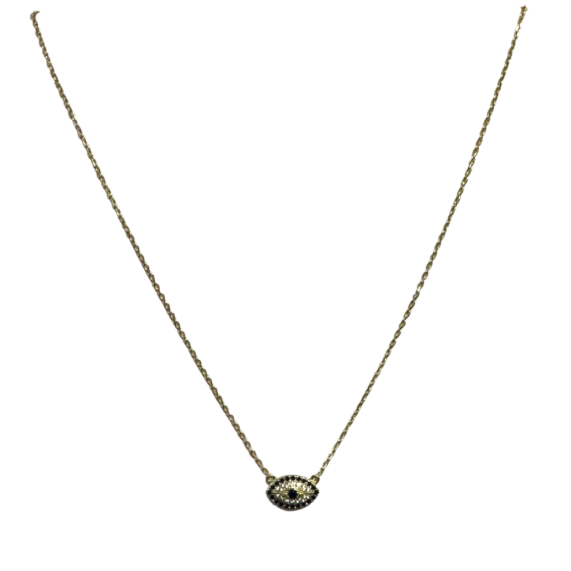 This small eye necklace features a stunning gold design with rhinestone accents, showcasing an intricate eye design. Crafted with precision and attention to detail, this short necklace adds a touch of elegance to any outfit. Experience the benefits of timeless style and sophistication with this unique piece.