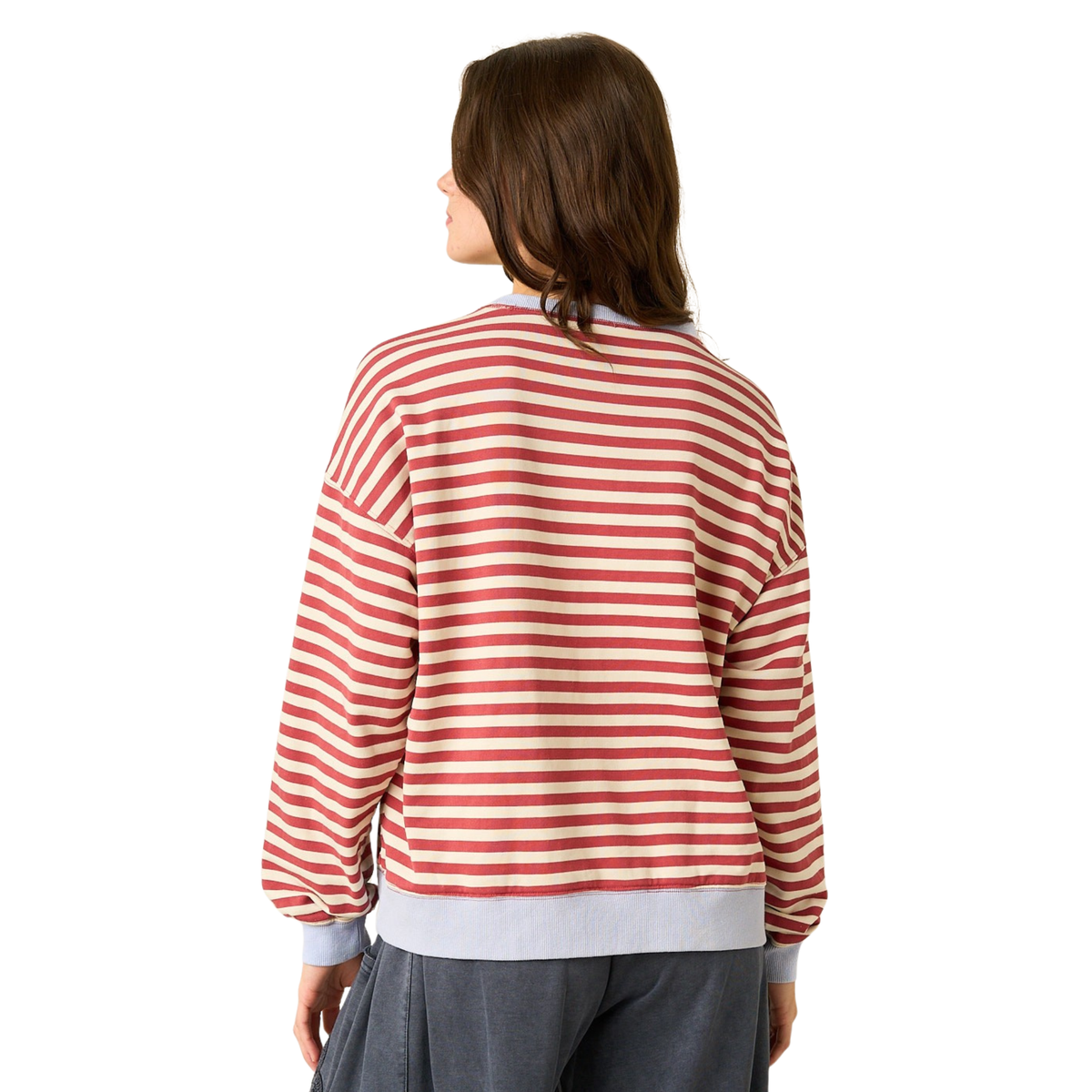 Cozy long sleeve sweatshirt featuring a striking striped design in rich red tones. This Mittoshop piece showcases a meaningful "Faith" patchwork detail that adds character and depth to your everyday wardrobe. Perfect for layering or wearing solo, it combines comfort with intentional style for a look that feels both personal and polished.