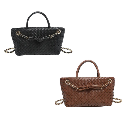 The Fallon Woven Satchel by Jen &amp; Co. features a rich black or chocolate color and a meticulously crafted woven design, offering a refined yet versatile accessory. Its compact size makes it ideal for carrying essentials while maintaining an elegant silhouette, perfect for both casual outings and more polished occasions. This satchel combines style and practicality with expert craftsmanship.