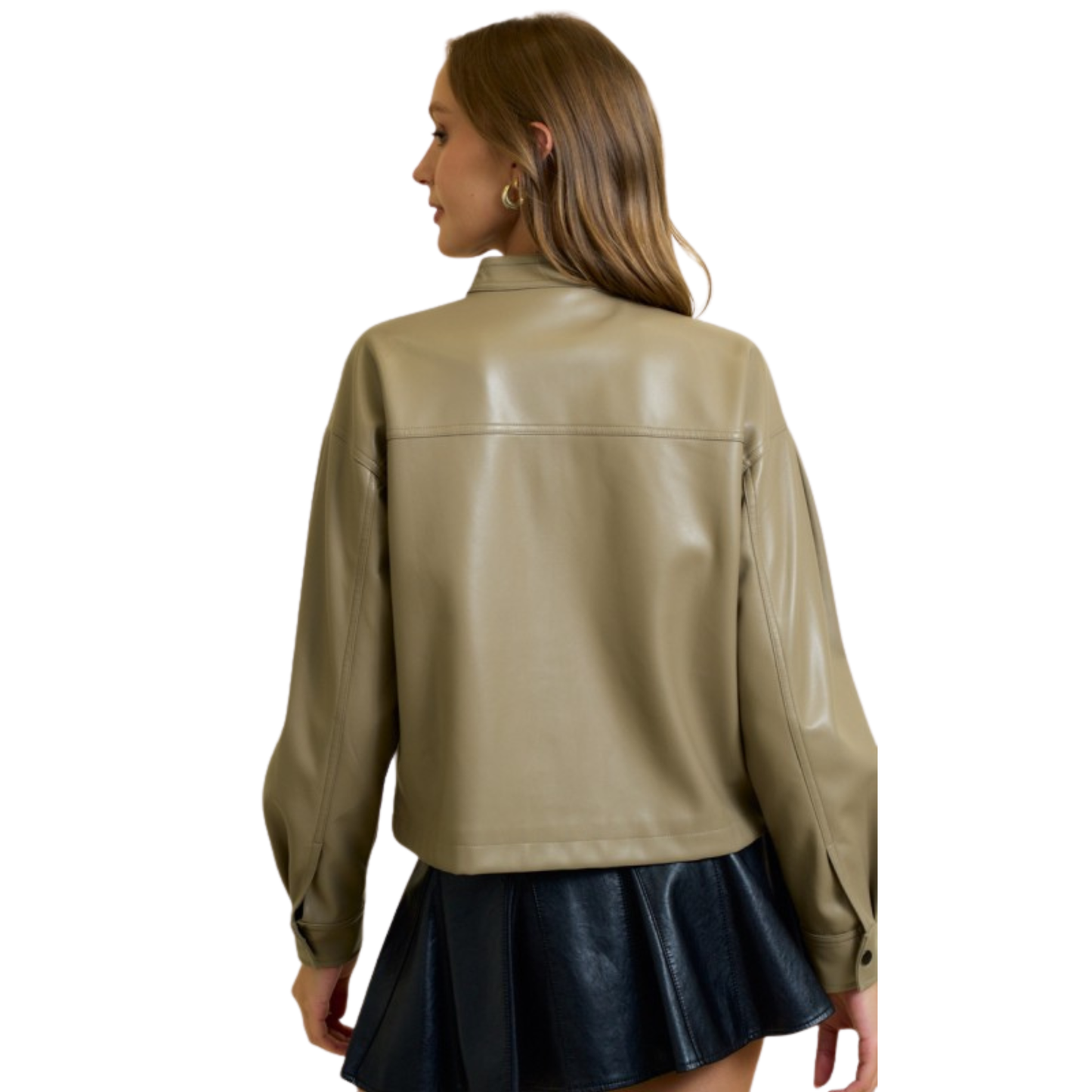 Expertly crafted by Doe & Rae, this khaki faux leather cropped jacket boasts a button up design and long sleeves for a stylish and versatile addition to any wardrobe. Perfect for adding an edgy touch to any outfit.