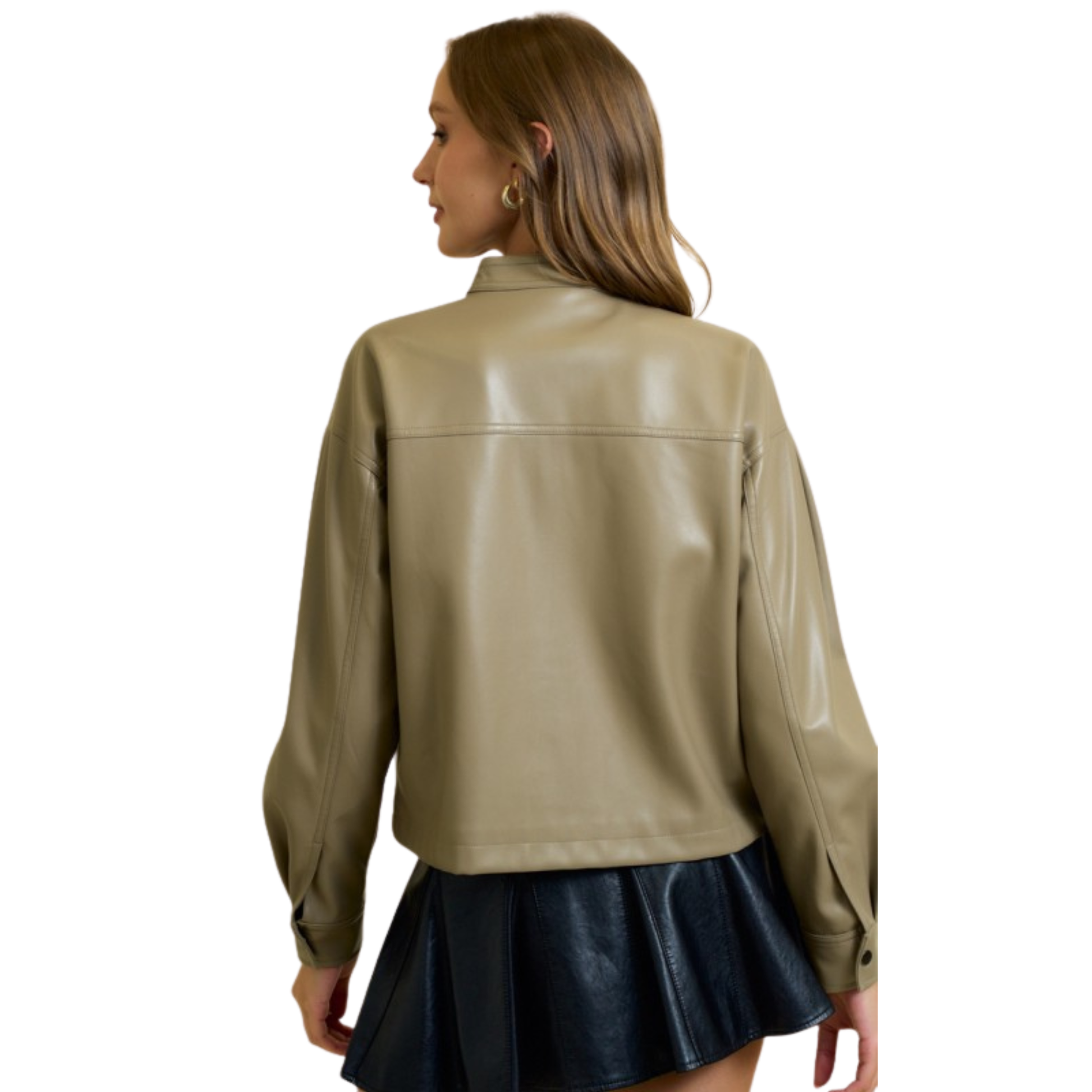 Expertly crafted by Doe & Rae, this khaki faux leather cropped jacket boasts a button up design and long sleeves for a stylish and versatile addition to any wardrobe. Perfect for adding an edgy touch to any outfit.