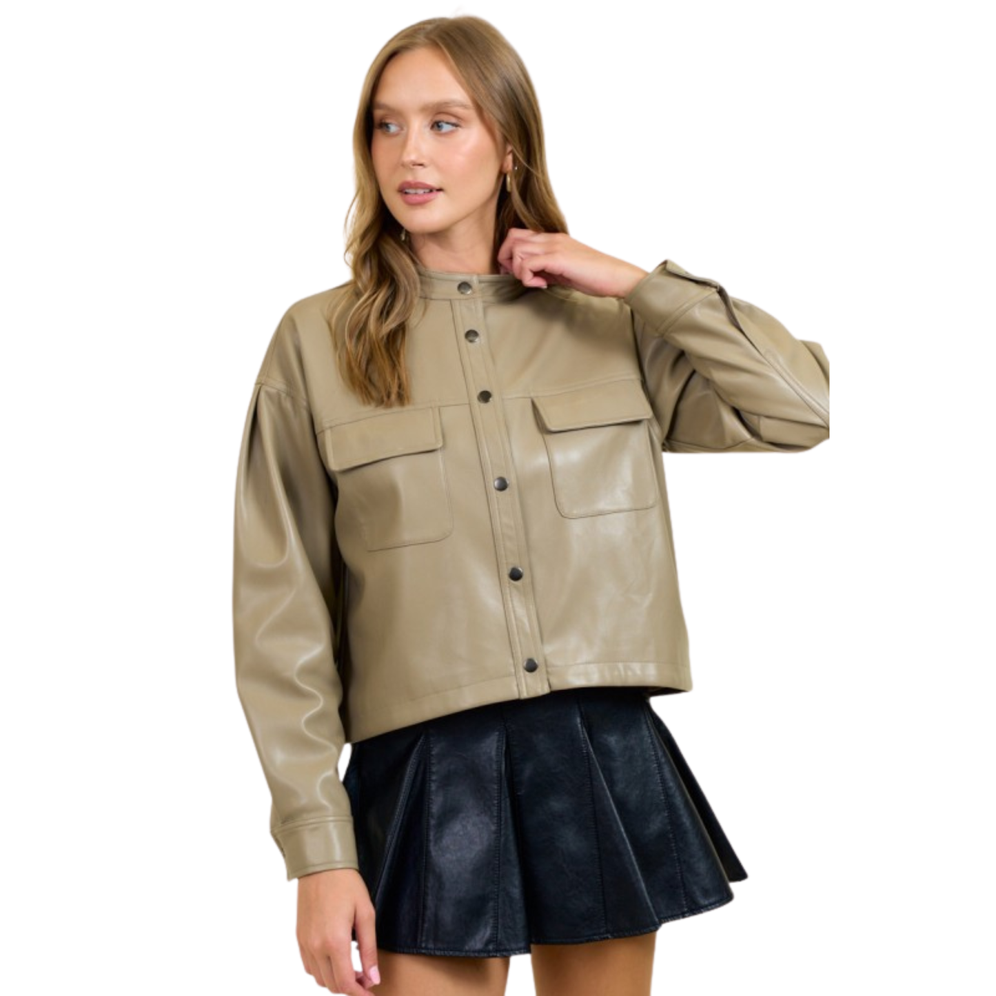 Expertly crafted by Doe & Rae, this khaki faux leather cropped jacket boasts a button up design and long sleeves for a stylish and versatile addition to any wardrobe. Perfect for adding an edgy touch to any outfit.