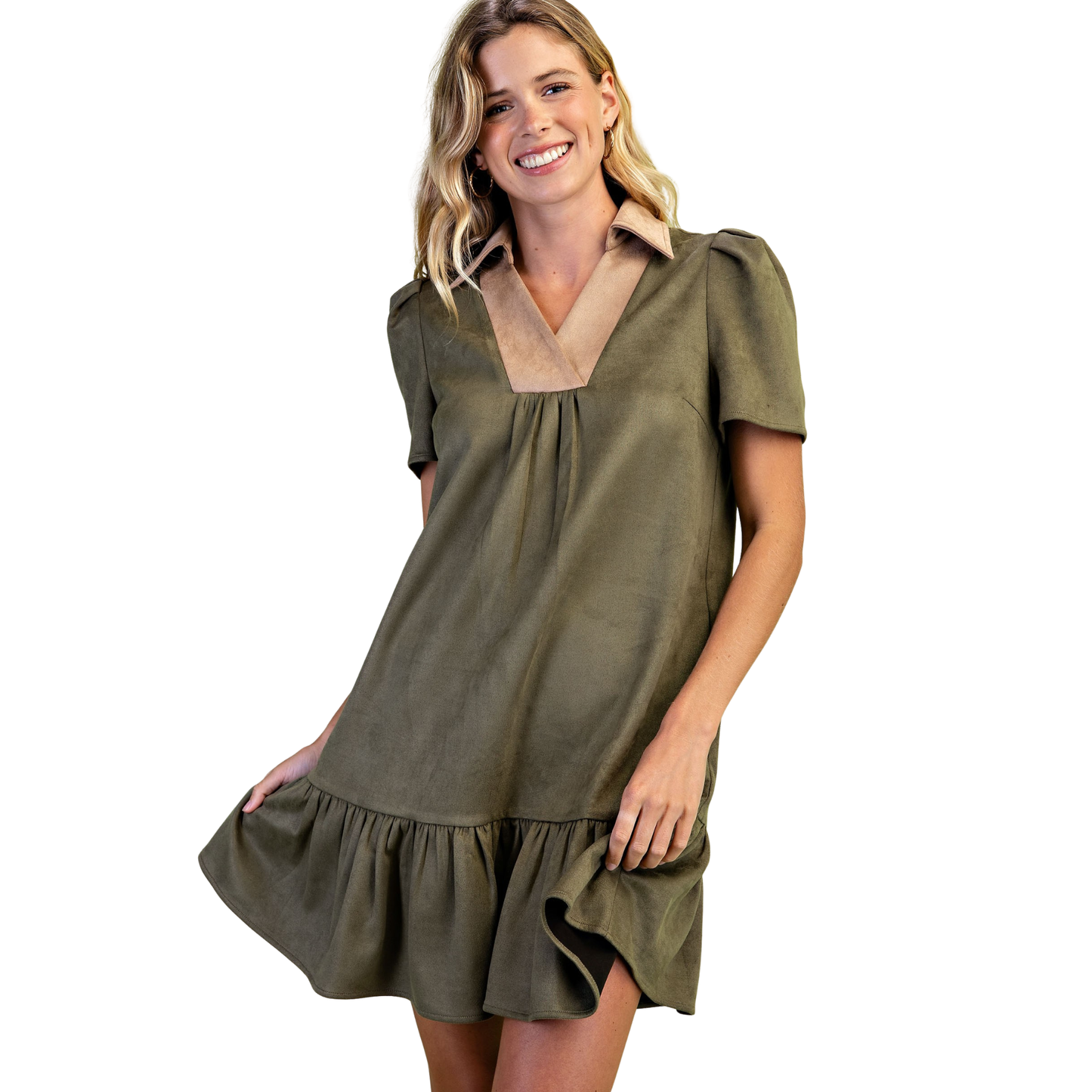 Elevate your wardrobe with this chic GiGio mini dress in a sophisticated olive mix. Featuring a flattering v-neckline and comfortable short sleeves, this faux suede piece offers a luxurious feel with effortless style. Perfect for casual outings or dressed-up occasions, the mini silhouette creates a modern, versatile look that transitions seamlessly from day to night.