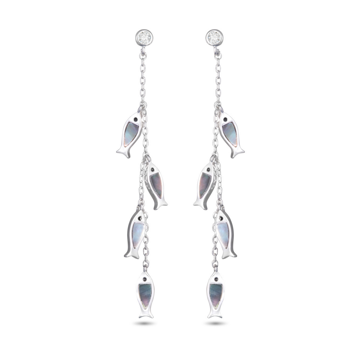 These elegant Four Fish Chain Drop Earrings feature mother of pearl accents and a sleek grey color scheme, making them a sophisticated addition to any outfit. The unique fish design adds a touch of whimsy, while the drop style elongates the neck and adds a flattering effect. Perfect for both formal and casual occasions.