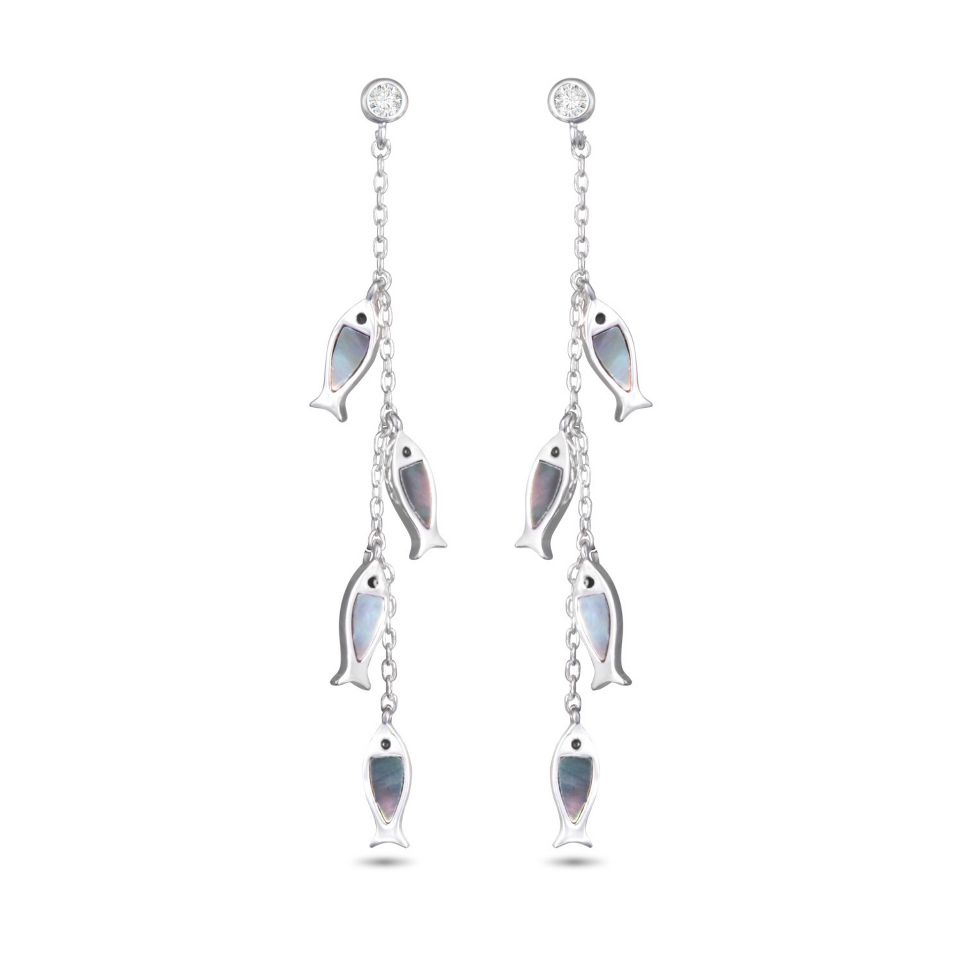 These elegant Four Fish Chain Drop Earrings feature mother of pearl accents and a sleek grey color scheme, making them a sophisticated addition to any outfit. The unique fish design adds a touch of whimsy, while the drop style elongates the neck and adds a flattering effect. Perfect for both formal and casual occasions.