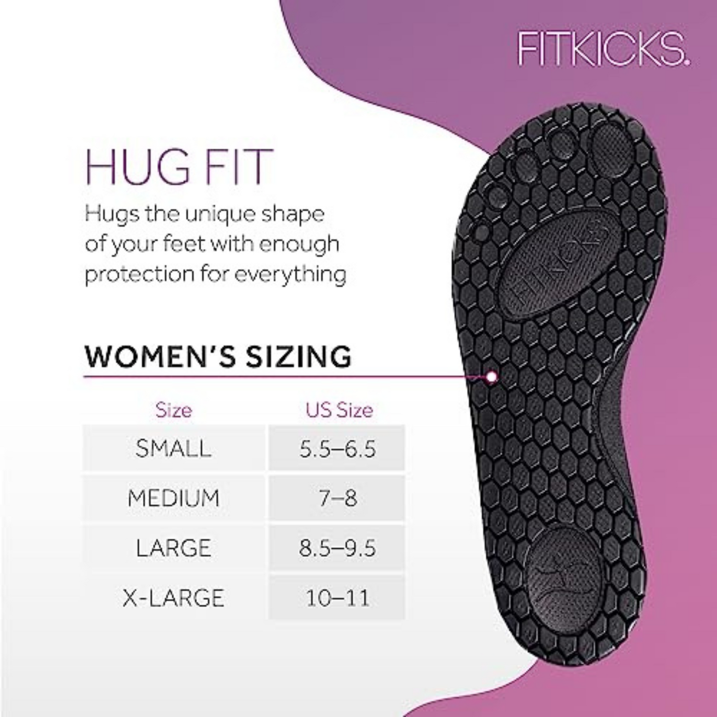 FitKicks active footwear size chart. Small is size 5.5-6.5; Medium is size 7-8; Large is size 8.5-9.5; XL is size 10-11