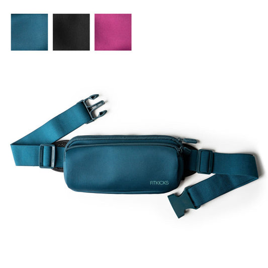 fit zip belt bag. Available in teal, purple and black