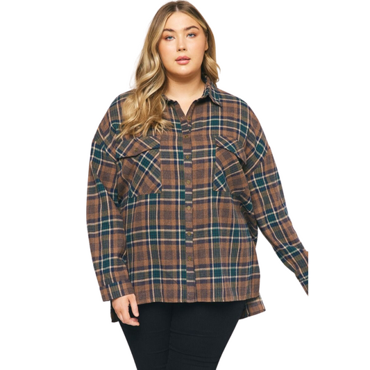 This lightweight, checkered button up flannel is perfect for year-round wear. It features slits at the sides, pockets at the bust, and is unlined for added comfort. The mocha hue will complement any wardrobe.