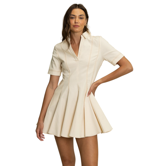 This Heyson Collared Fit &amp; Flare Dress in a soft oatmeal hue offers a refined yet approachable silhouette. The fit-and-flare design flatters the waist while allowing comfortable movement, making it ideal for both casual days and polished occasions. Its structured collar adds a touch of sophistication, elevating the mini dress beyond basic styles. Perfect for those seeking a versatile piece with subtle elegance.
