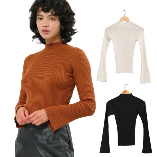 It's Easy To Create The Perfect Ootd When You Have This Top In Your Wardrobe. It Features A Ribbed Construction With A High Neck And A Flattering Fit To Define Your Natural Curves. The Long Flared Sleeves Offer A Dramatic Flair.