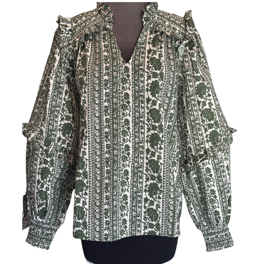 This olive-colored Floral Long Sleeve Top by Entro offers a refined blend of style and comfort. Crafted from a lightweight woven fabric, it features a delicate floral stripe print and a ruffled V-neckline enhanced with shoulder and back yoke flounces. The smocked sleeve openings ensure a secure yet comfortable fit. Unlined and non-sheer, this top provides breathable wear while maintaining a polished look suitable for various occasions.