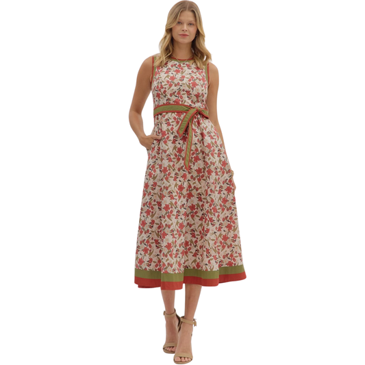Elevate your warm-weather wardrobe with this sophisticated Entro midi dress, featuring a timeless floral print against a neutral ecru backdrop. The sleeveless silhouette offers breathable comfort, while the integrated belt defines your waist and creates a flattering, polished line. Perfect for garden parties, brunch outings, or casual weekend elegance, this piece transitions seamlessly from day to evening. 