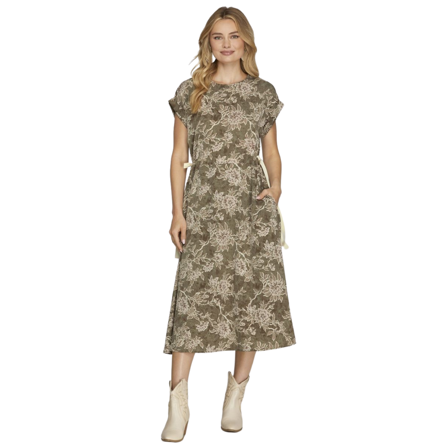 Elevate your wardrobe with this charming floral print midi dress from She+Sky. Featuring a flattering short sleeve design and adjustable side tie detail, this dress offers both style and comfort. The midi length provides a sophisticated silhouette perfect for casual outings, brunch, or weekend adventures. The vibrant floral pattern adds a fresh, feminine touch to any occasion. Versatile and effortlessly chic, this dress is a must-have staple for the season.