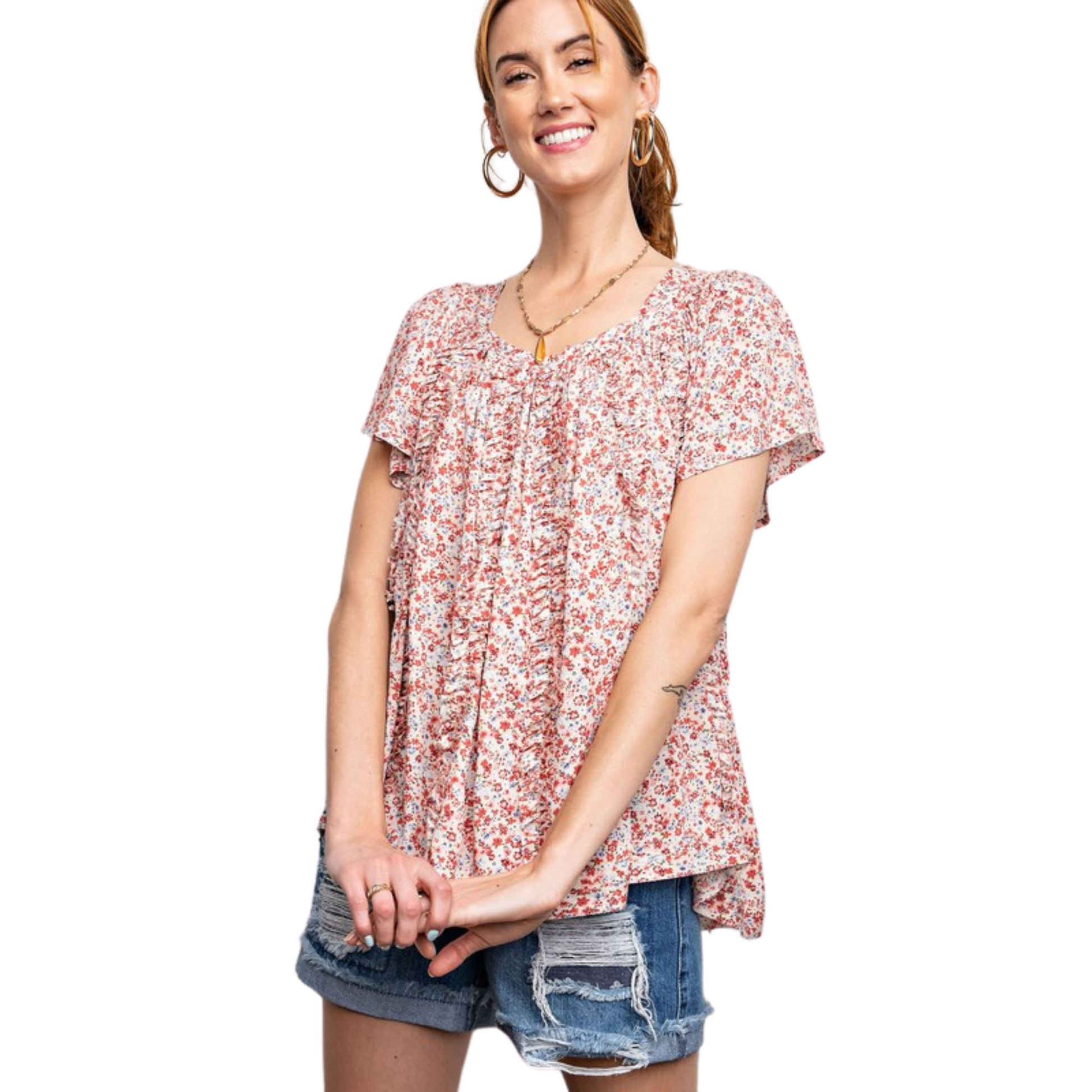 This Floral Printed Rayon Top is an effortless style edition to your wardrobe. It features a beautiful floral print on a lightweight rayon fabric, short sleeves, and a tie back to adjust the fit. The perfect top to keep you comfortable and stylish.