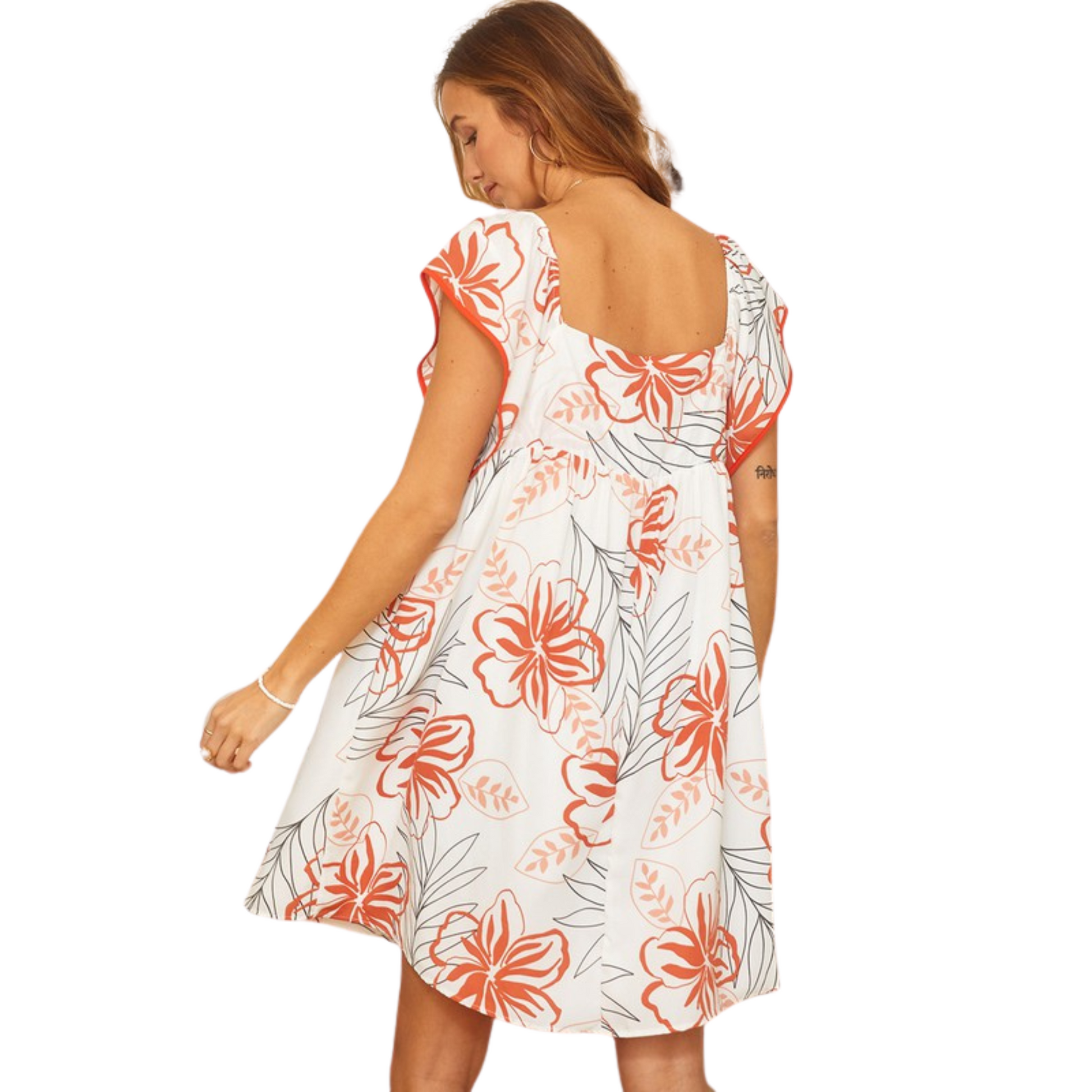 This white, floral mini dress is sure to turn heads. With a flattering square neck, flutter sleeve, and charming orange flower print, this dress is perfect for any summer occasion. Look and feel your best in this casually elegant swing dress.