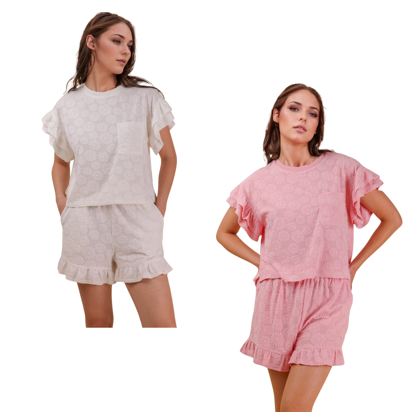 Effortless summer style meets comfort in this charming Very J floral top and shorts set. The short sleeve top features a relaxed fit perfect for warm weather, paired with coordinating shorts for a complete look. Available in soft pink or crisp white, this two-piece set transitions seamlessly from casual days to weekend outings. Mix-and-match versatility lets you style each piece separately or wear together for a coordinated ensemble.
