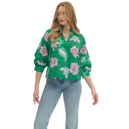 Effortless style meets comfort in this Entro floral v-neck top. The soft green base features a delicate floral print that brings natural elegance to any outfit. Half sleeves offer the perfect balance of coverage and breathability, while the flattering v-neckline adds a touch of sophistication. Versatile enough for casual days or dressed up for evening wear, this piece is a wardrobe essential.