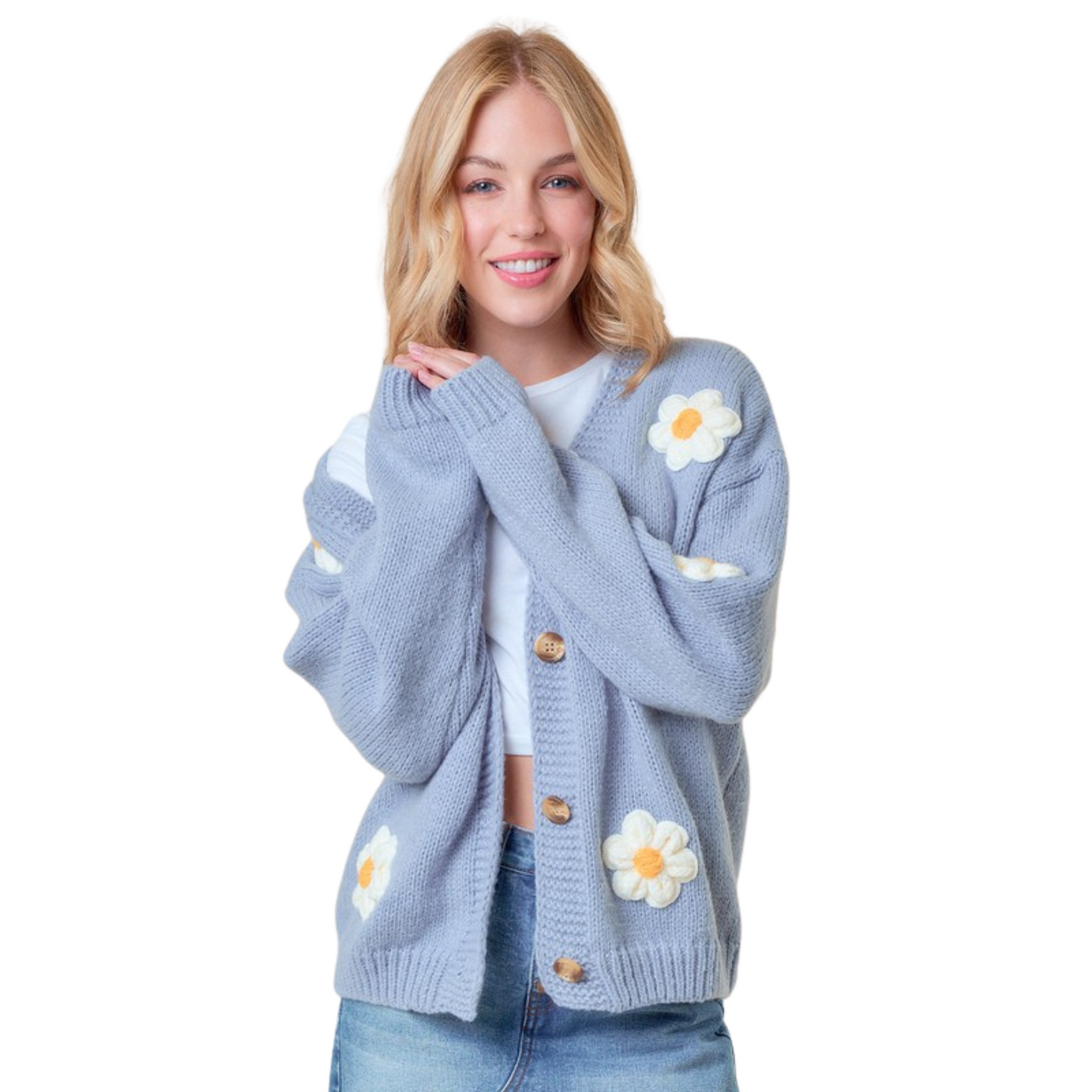 Elevate your wardrobe with our 3D Patched Floral Cardigan featuring drop shoulder design and stunning pastel blue color. Made from high quality materials, this cardigan is not only stylish but also comfortable. Perfect for any occasion, add a touch of femininity to your look with this modern twist on a classic piece.