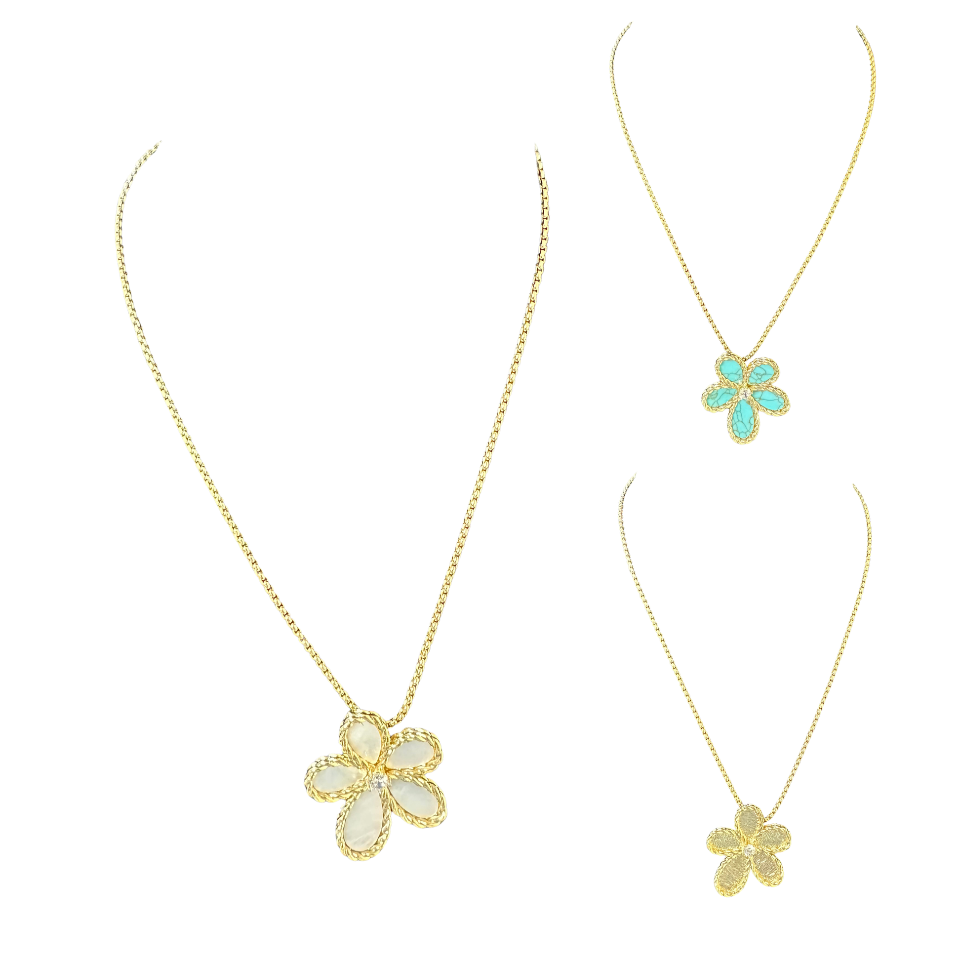Elegant flower pendant necklace featuring sparkling rhinestone accents. Available in three stunning finishes: mother of pearl, gold, or turquoise. This short necklace is the perfect statement piece to elevate any outfit with timeless sophistication and delicate charm.