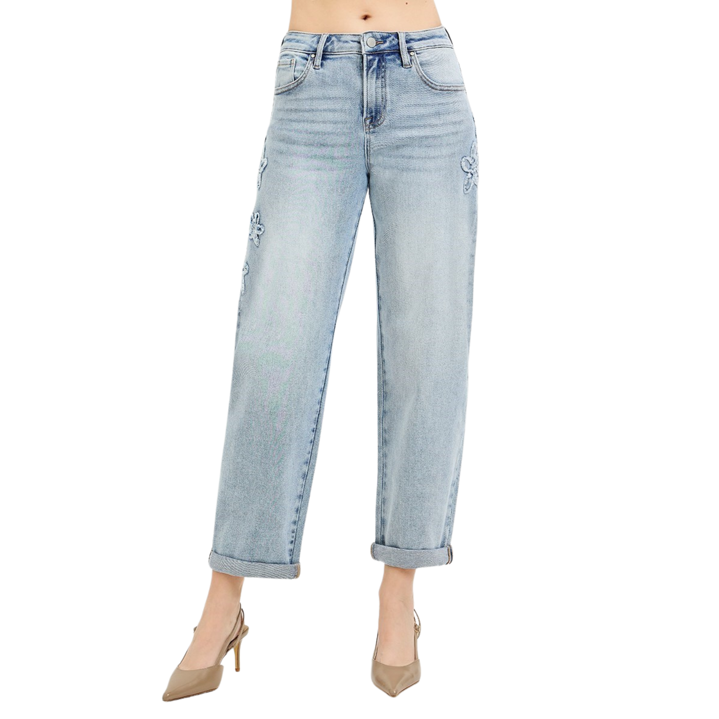 Effortless style meets vintage charm in these Risen cropped barrel jeans. The light wash denim offers a fresh, airy aesthetic perfect for any season, while the relaxed barrel silhouette provides comfortable movement and a modern edge. Delicate flower patch accents add a playful, feminine touch that elevates your everyday look. Pair with sneakers for casual outings or dress up with heels for a night out. A versatile wardrobe essential that bridges casual and chic.