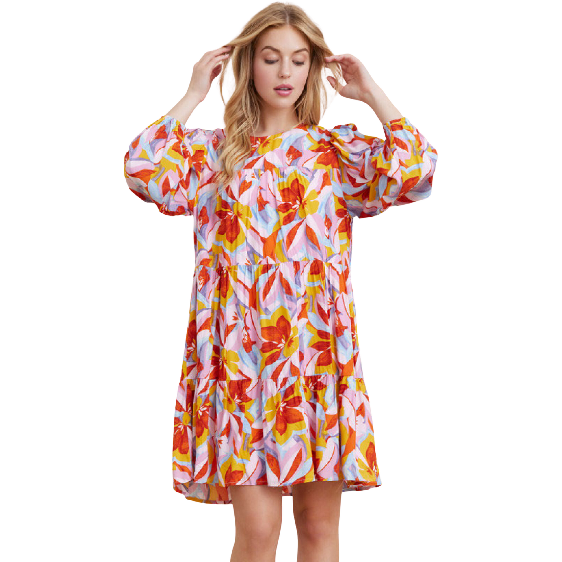 This Flower Print Mini Dress offers a U-neck cut and long peasant sleeves for a stylish, trendy look, all while ensuring a lightweight and comfortable fit. Crafted from non-sheer and unlined fabric, it's finished with a back keyhole and tiered layers for a modern silhouette. Plus size available.