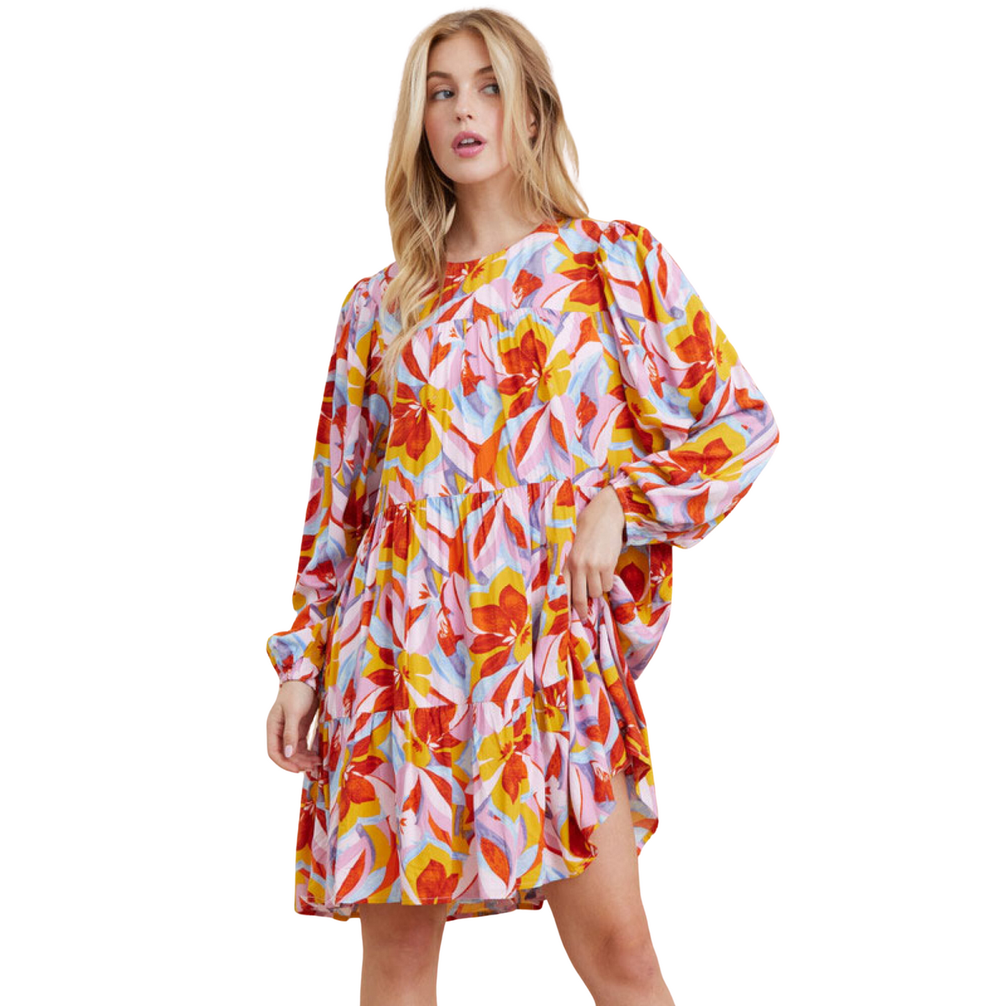 This Flower Print Mini Dress offers a U-neck cut and long peasant sleeves for a stylish, trendy look, all while ensuring a lightweight and comfortable fit. Crafted from non-sheer and unlined fabric, it's finished with a back keyhole and tiered layers for a modern silhouette. Plus size available.
