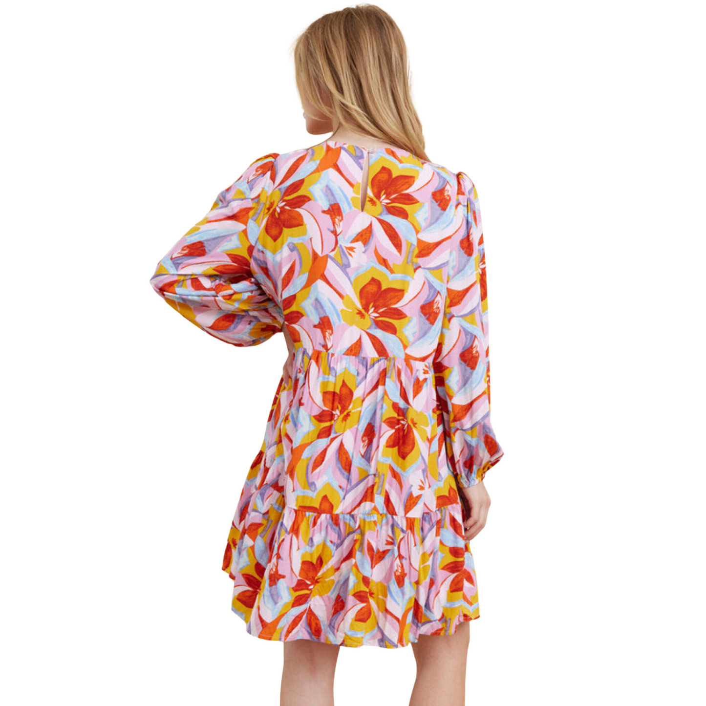 This Flower Print Mini Dress offers a U-neck cut and long peasant sleeves for a stylish, trendy look, all while ensuring a lightweight and comfortable fit. Crafted from non-sheer and unlined fabric, it's finished with a back keyhole and tiered layers for a modern silhouette. Plus size available.