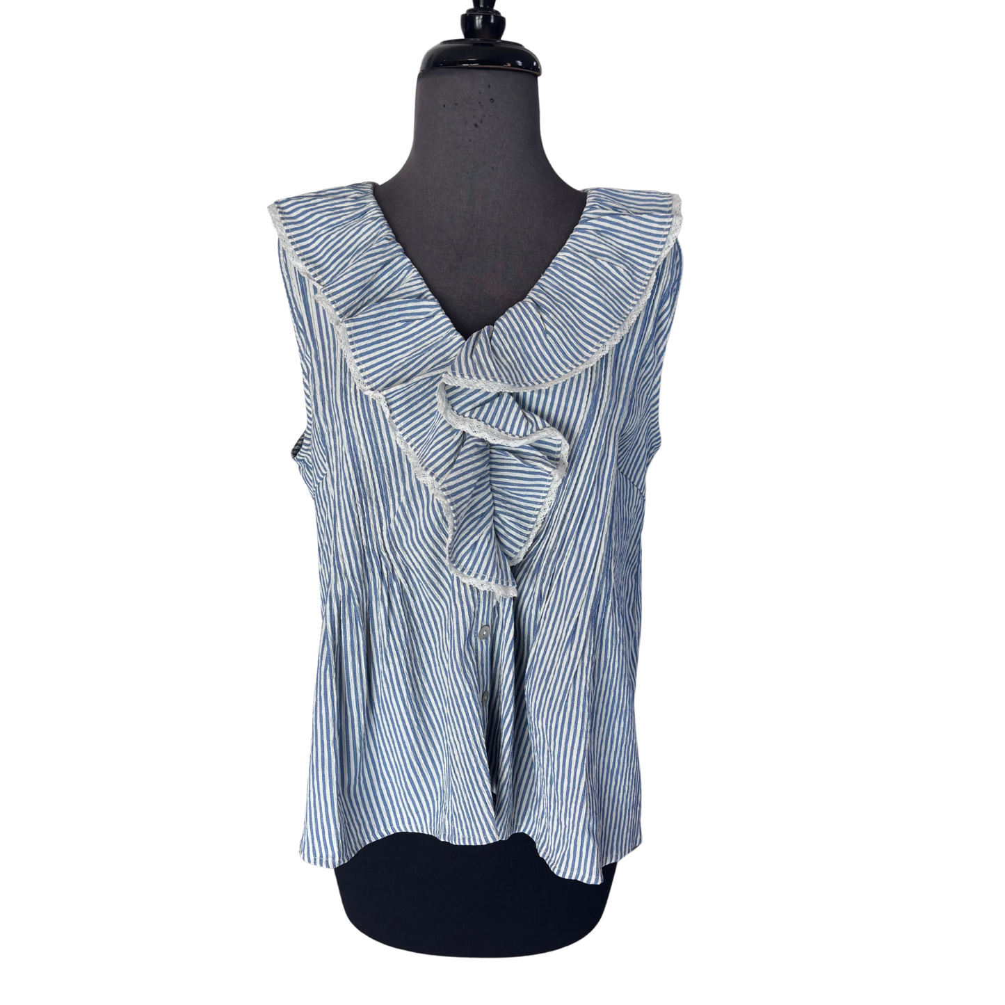 Effortless style meets playful details with this Entro sleeveless top. Crisp blue stripes create a fresh, timeless look, while delicate ruffle trim along the neckline and armholes adds a touch of feminine charm. Perfect for warm weather layering or wearing solo, this versatile piece transitions seamlessly from casual outings to weekend gatherings. The lightweight, breathable fabric keeps you comfortable all day long.