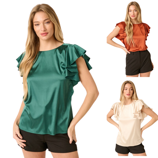 This sleek satin top features a round neck and keyhole back with a button closure. The short flutter sleeves add a feminine touch, while a curved hem ensures the perfect fit. Enhance your everyday look with this classic top, available in hunter green, rust, and sand.