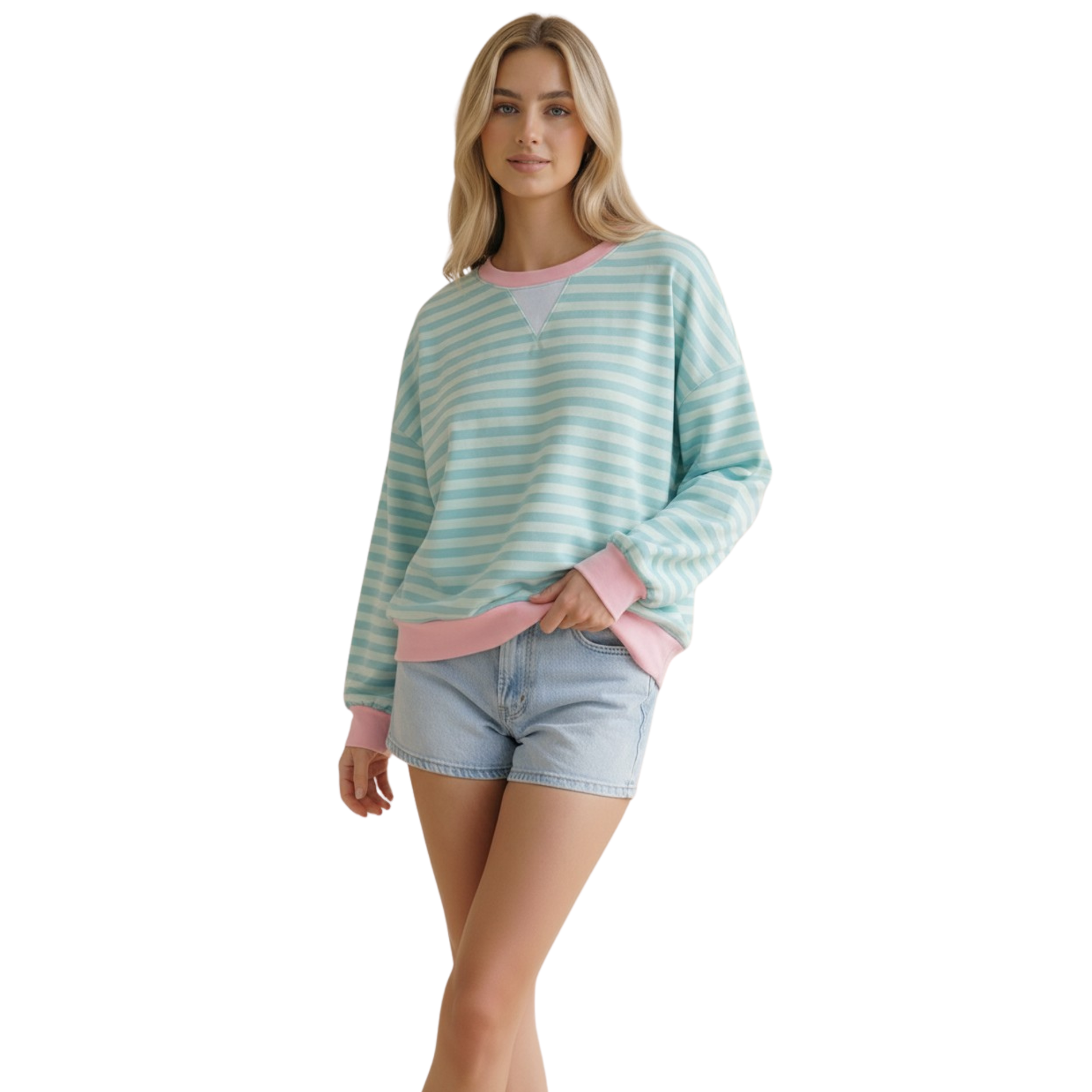 Effortless comfort meets playful style with this Haptics crew neck pullover. Crafted from soft French Terry fabric, this loose-fit long sleeve top features bold mint and fuchsia stripes that make a statement. Perfect for casual days when you want relaxed elegance without sacrificing personality. Layer it or wear it solo—versatile enough for any season.