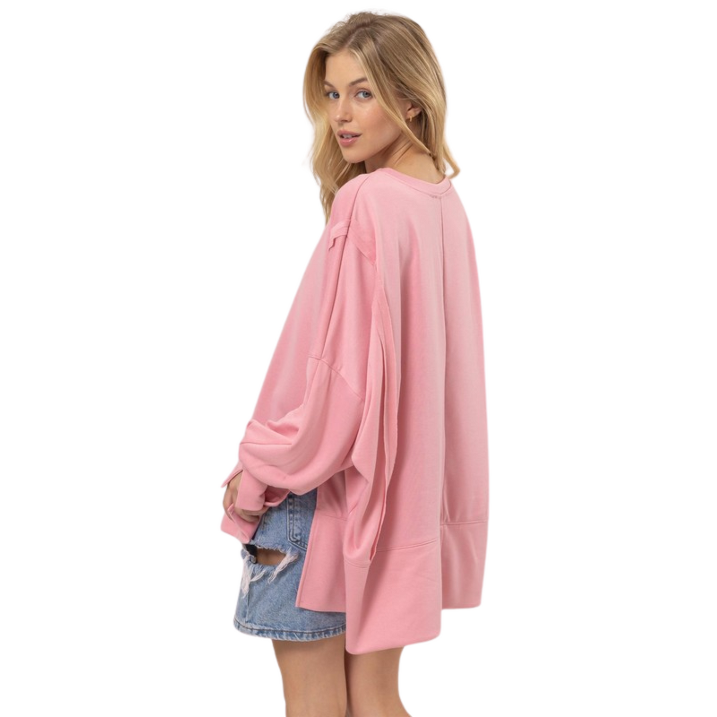 Your Fashion Sense Will Be Rewarded For This French Terry Top. It Features A Crew Neck, Drop Shoulders And Long Balloon Sleeves With Fitted Split Cuffs. The Relaxed Bodice Is Accented With Side Slits, Reverse Seam Detailing And A High-Low Hem.