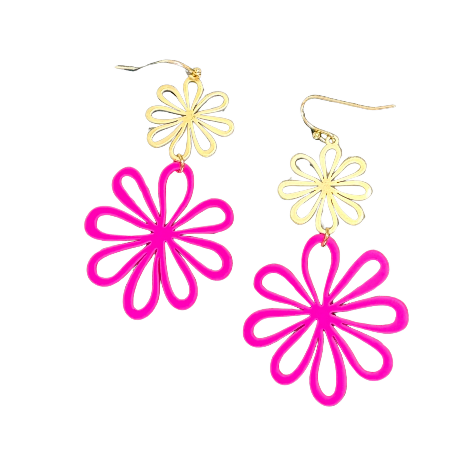 Double flower dangle earrings in gold ad fuchsia