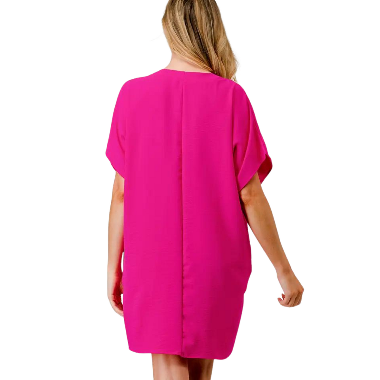 Made from soft and breathable fabric, the Aria Short Sleeve Shift Dress is the perfect addition to your wardrobe. The hot pink color adds a bold touch, while the v-neck and short sleeves provide style and comfort. This mini dress is a must-have for any fashion-forward individual.