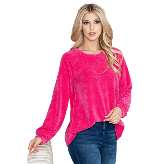 This timeless classic from Hesed Brand is perfect for any day or night out. Crafted with a soft, ribbed material and featuring a fuchsia hue, this stylish scoop neck sweater will quickly become your favorite.