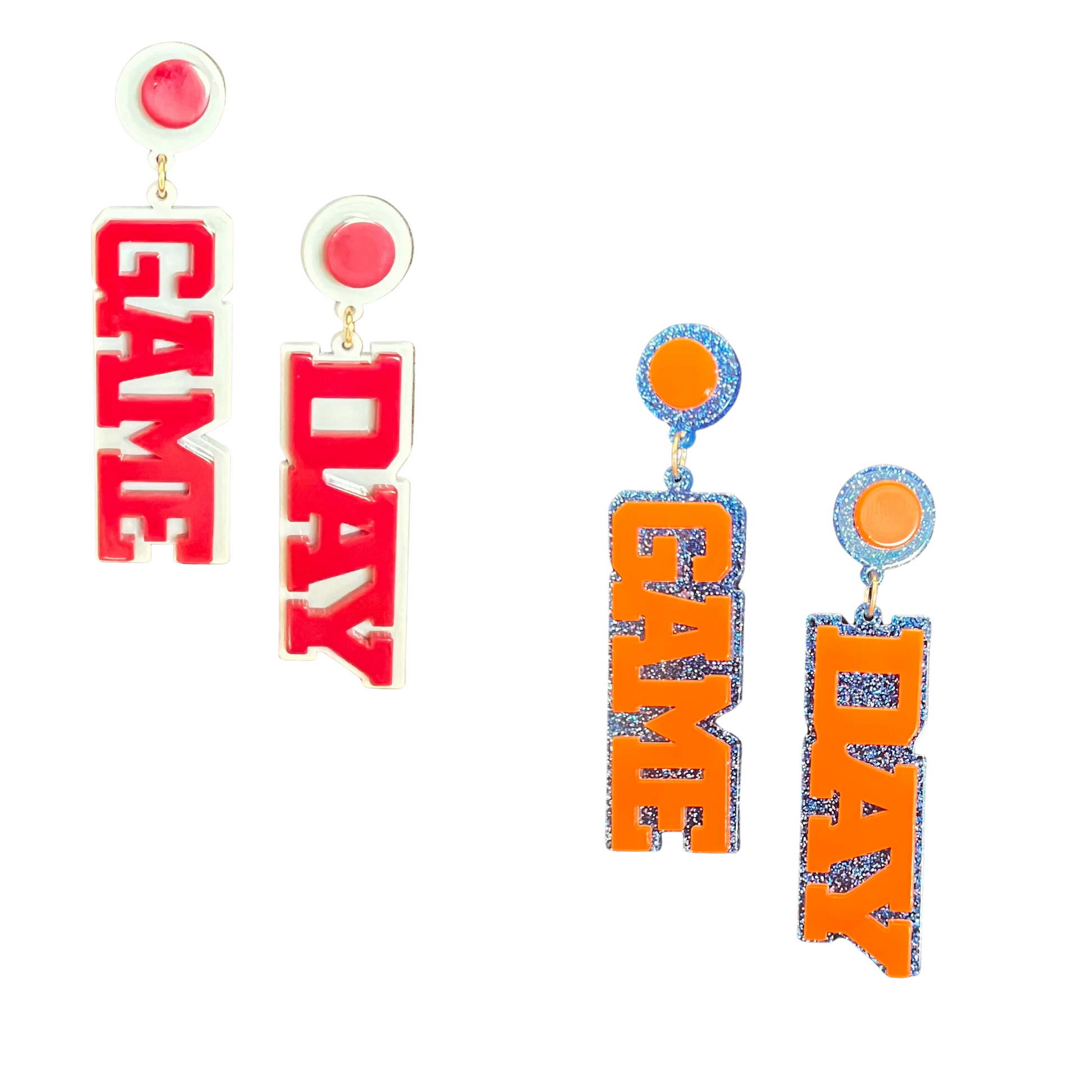 These Game Day Drop Earrings are a great way to show your team spirit! They boast a vivid orange and blue design, as well as a more subtle red and grey combination. Let everyone know your pride for the game with these stylish dangle earrings.