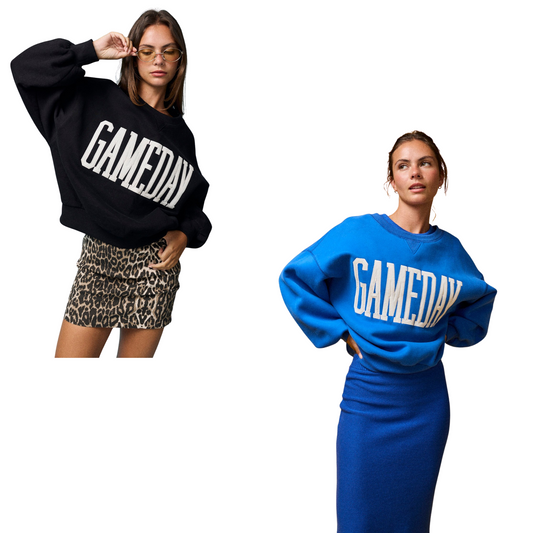 Celebrate game day in style with the Heather Game Day Shirt by Papermoon. This long sleeve sweatshirt features a bold GAME DAY graphic, available in black or cobalt blue, offering both comfort and spirited flair. Crafted for durability and ease, it’s an excellent choice for showing your enthusiasm while staying cozy throughout the season.