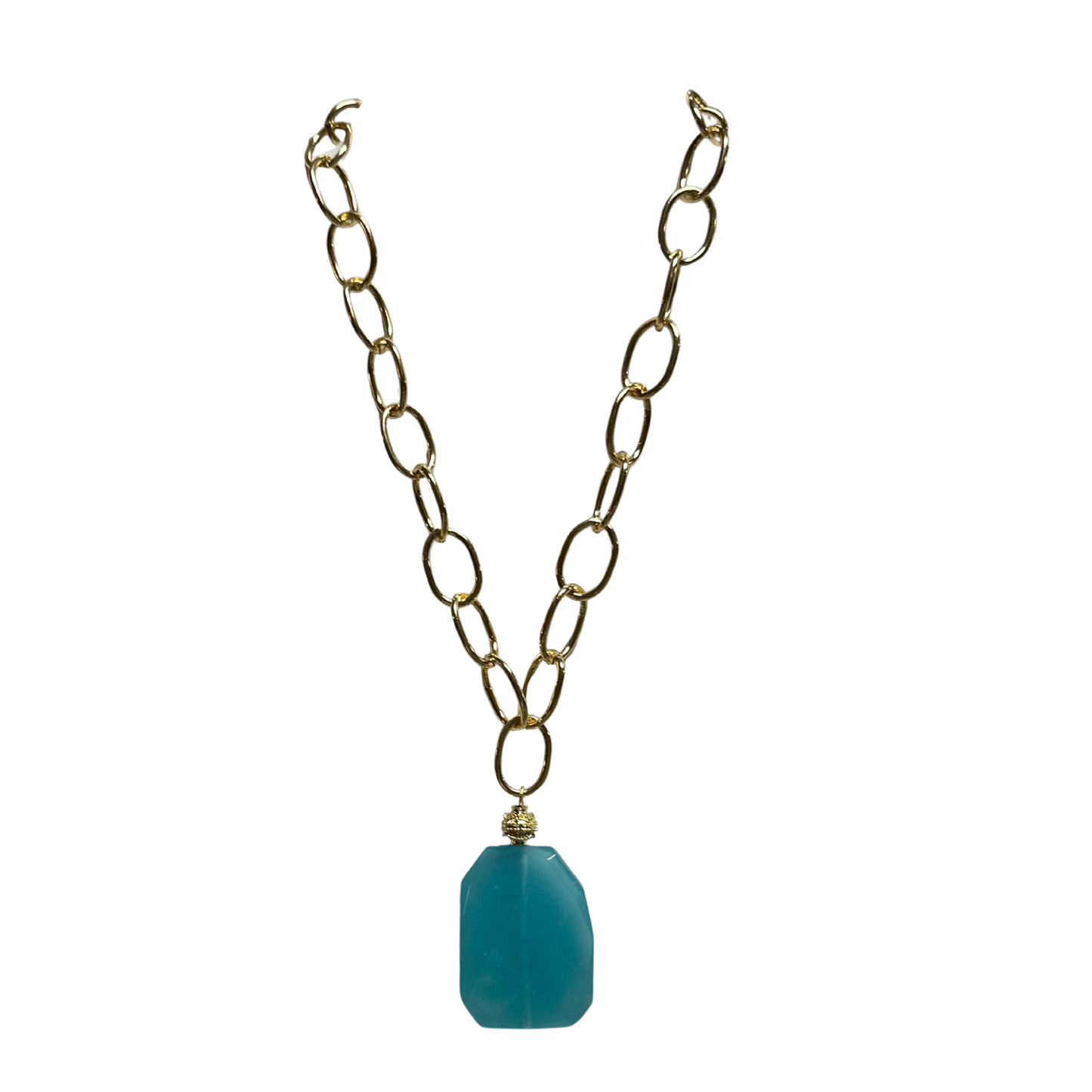 Elevate your jewelry collection with this striking Chain Link Gemstone Necklace from Perdido Gems. Featuring a sophisticated gold chain link design anchored by a captivating blue gem pendant, this short necklace delivers understated elegance with bold visual impact. The precision-crafted chain pairs seamlessly with the vibrant gemstone, creating a piece that transitions effortlessly from everyday wear to special occasions. A timeless investment in quality craftsmanship and refined style.