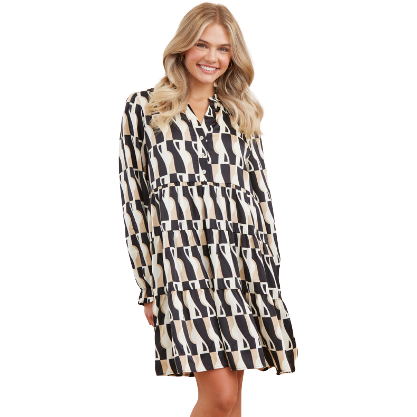 This contemporary mini dress is the perfect addition to your wardrobe. It features a geometric print, button-up collar neck, back wrinkle detail, and long poet sleeves. The fabric is unlined, non-sheer, and lightweight - perfect for those in-between seasons. Choose from a black and taupe mix for a unique look.