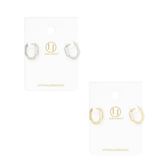 Expertly crafted in either silver or gold, these Small Geometric Hoop Earrings add a touch of elegance to any outfit. The geometric shape and sparkling rhinestone accents make these earrings a unique and sophisticated choice. Available in two versatile colors, they're sure to elevate your style game.