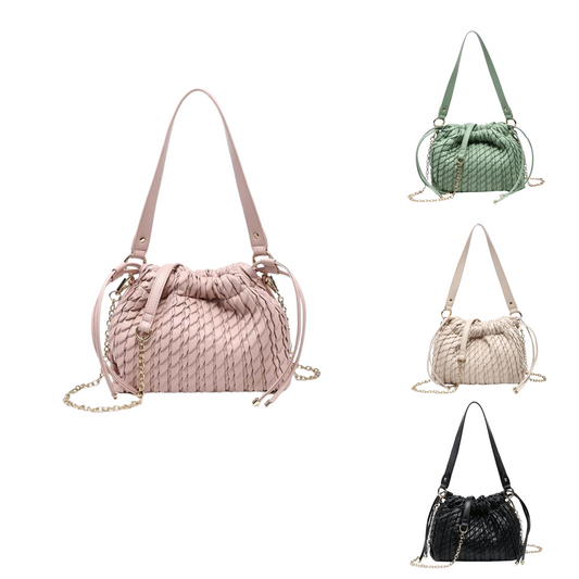 Introducing the Ginger Ruched Satchel, a stylish and versatile accessory designed to elevate your everyday look. Available in pink, sage, beige, or black