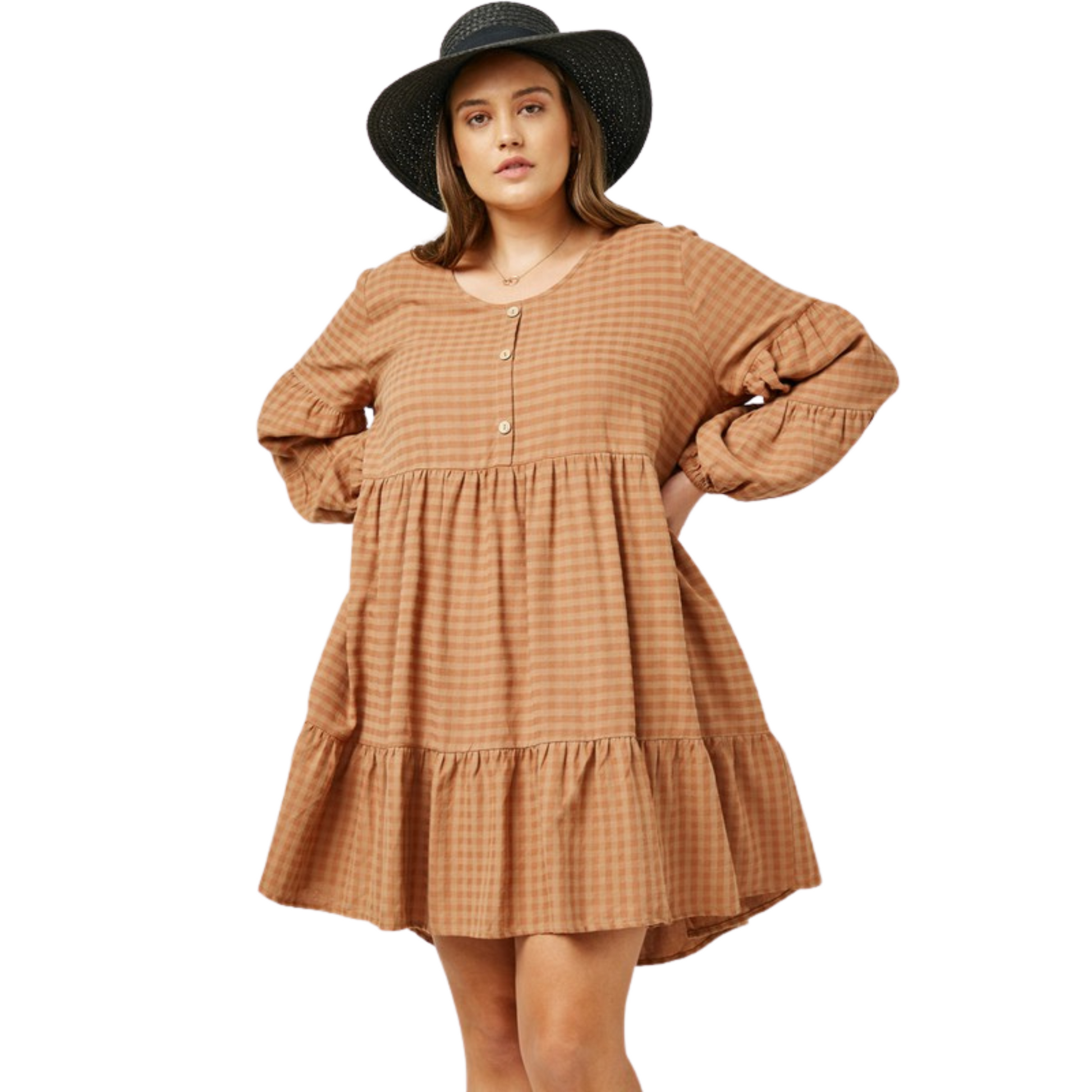 This timeless plus-size gingham dress will add an elegant touch to your wardrobe. Crafted from a lightweight woven fabric with a tiered skirt and decorative front buttons, it is both comfortable and fashionable. Available in a soft taupe shade, it's perfect for all occasions.