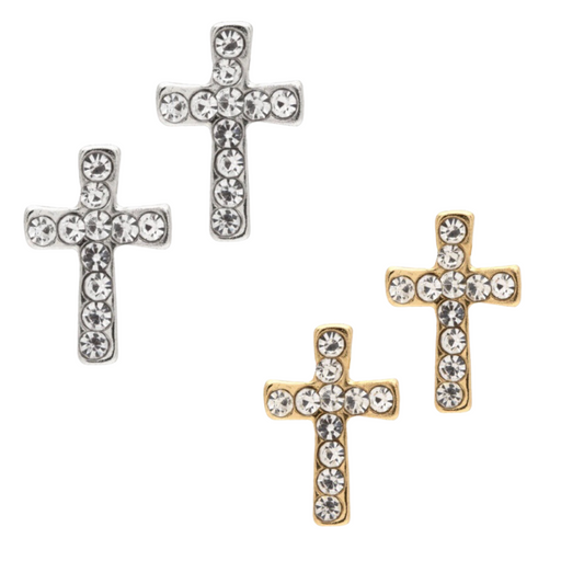 glass stone cross stud earrings. Available in silver and gold.