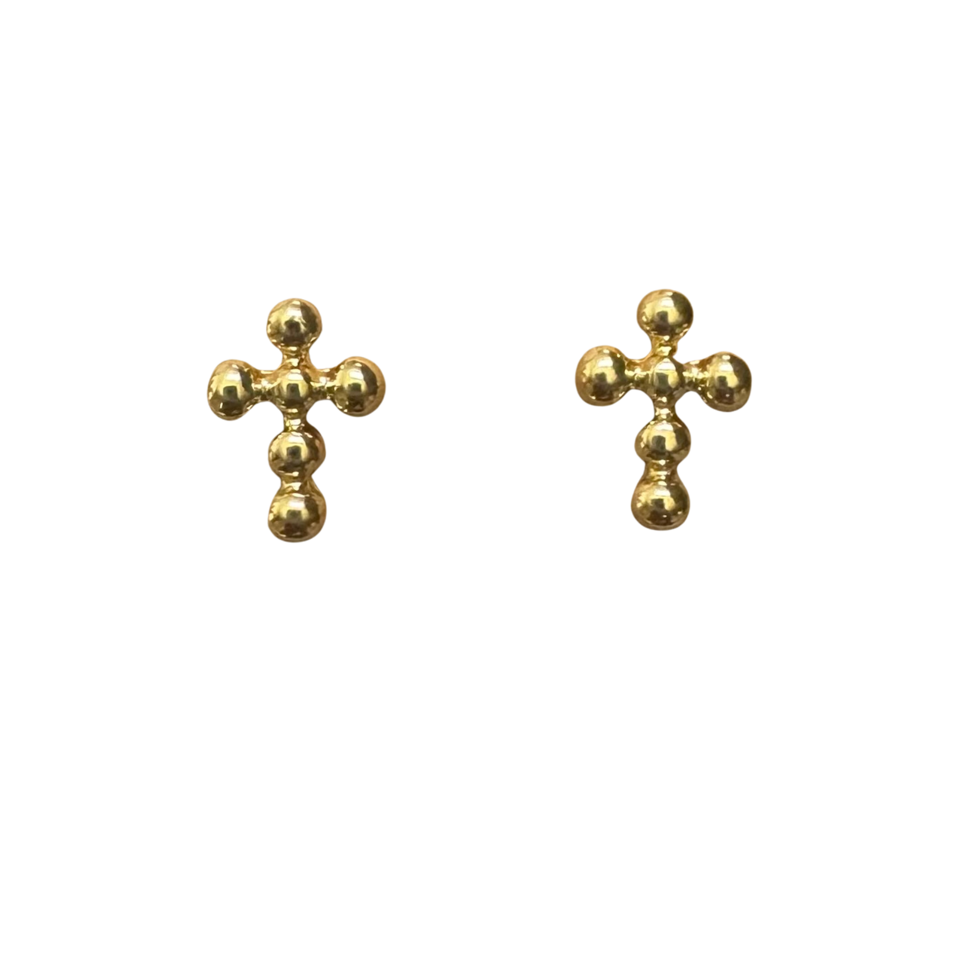 Elegant small cross stud earrings featuring a delicate beaded design in lustrous gold. Crafted by Perdido Gems, these timeless studs offer a subtle spiritual touch perfect for everyday wear or layering. The secure stud backing ensures comfortable all-day wear. A versatile addition to any jewelry collection.