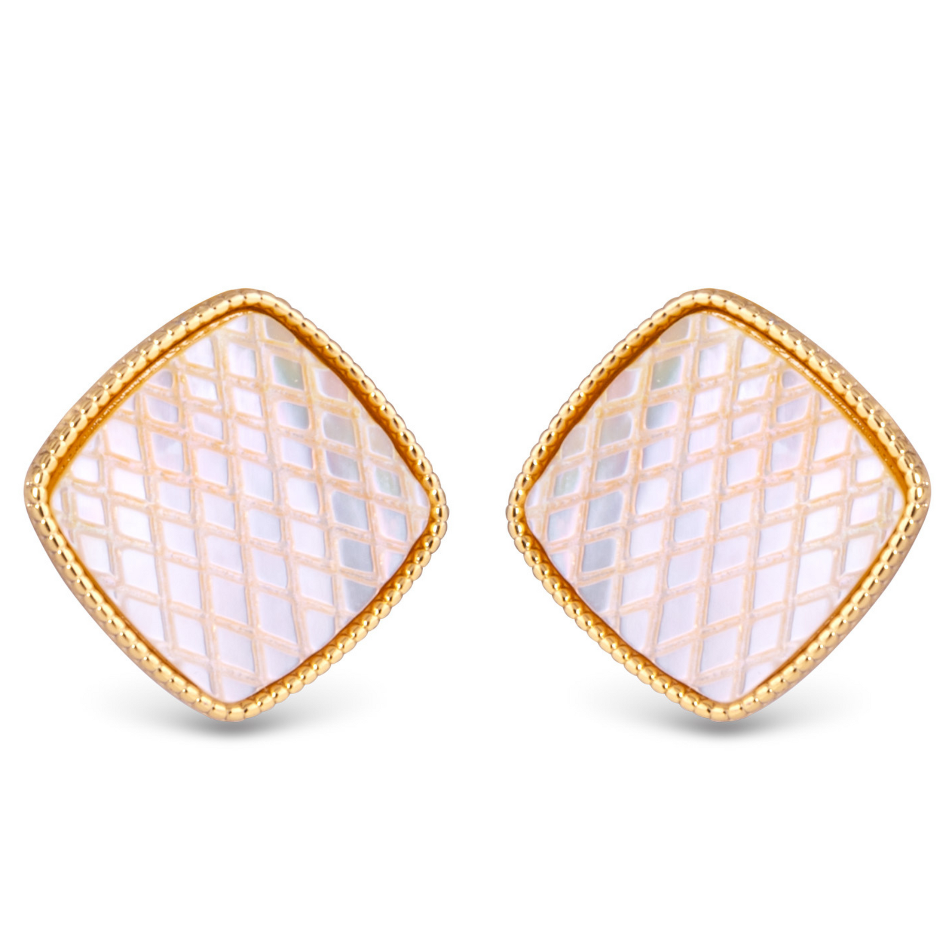 Mother of Pearl etched square studs in white and gold