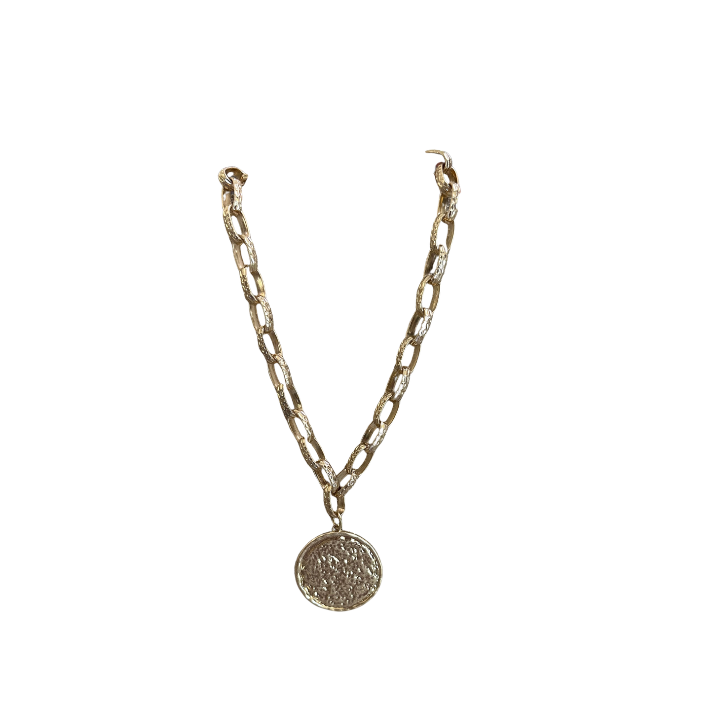 Elevate your everyday style with this striking Chain Link Pendant Necklace from Perdido Gems. Crafted in lustrous gold, this piece features a bold chain link design paired with a large, eye-catching pendant that makes a confident statement. The shorter length sits perfectly at the collarbone, ideal for layering or wearing solo. A timeless addition to any jewelry collection that transitions seamlessly from casual to sophisticated occasions.