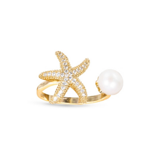 Gold Starfish and Pearl Open Ring